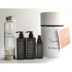 Plaukų priežiūros priemonių rinkinys Saphira Hydrate Cylinder Box SAFHCB, sudaro 3 priemonės su Negyvosios jūros mineralais ir stiklinė gertuvė