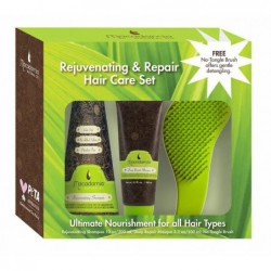 Plaukų priežiūros priemonių rinkinys Macadamia Rejuvenating & Repair Hair Care Set MAM5774 rinkinį sudaro: šampūnas 300 ml, kaukė 100 ml, šepetys